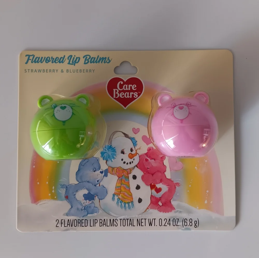 NEW Care Bears Flavored Lip Balm Two Pack Strawberry Blueberry Bear Shaped
